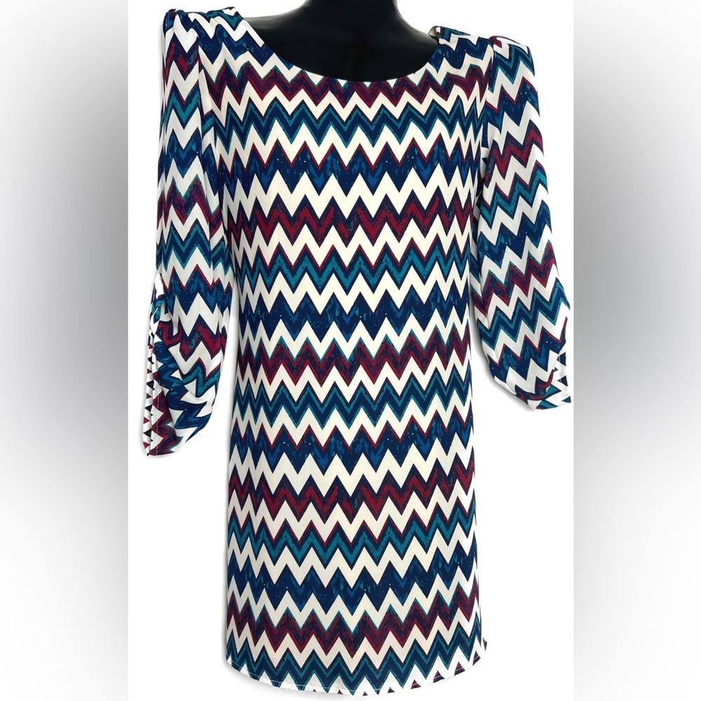 Classy Chevron Print Dress in Navy, Teal & Burgundy *NWOT